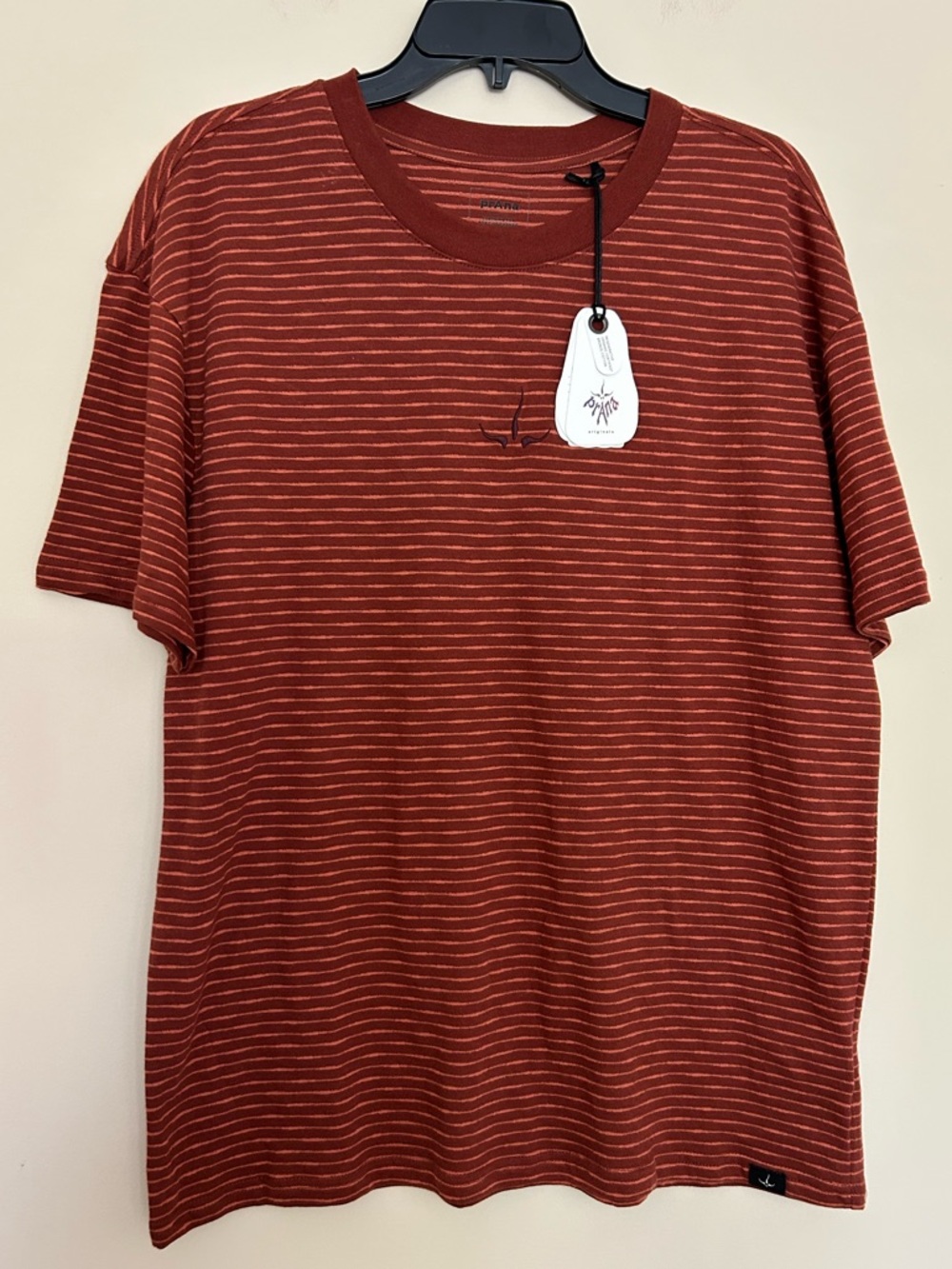 NWT Prana Men's Paxton Striped Rusty Red Striped Crewneck SS Tee Shirt